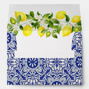 Lemon branch and blue mosaic wedding envelope