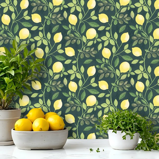 Lemon Branch Botanical Kitchen  Wallpaper (Botanical design with yellow lemons and green branches, perfect for kitchens and Mediterranean style)
