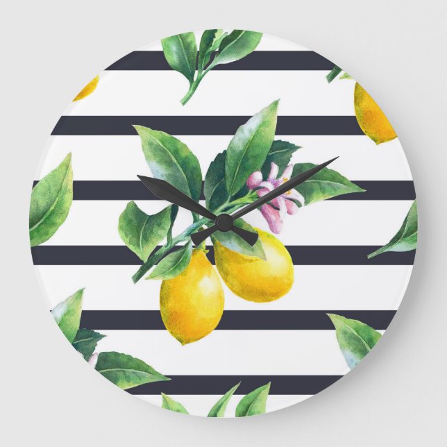 Lemon Branch: Citrus Watercolor Bliss Large Clock (Front)