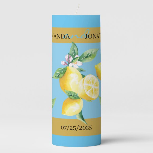 Lemon Branch Modern Blue and Yellow Wedding Unity  Pillar Candle (Front)