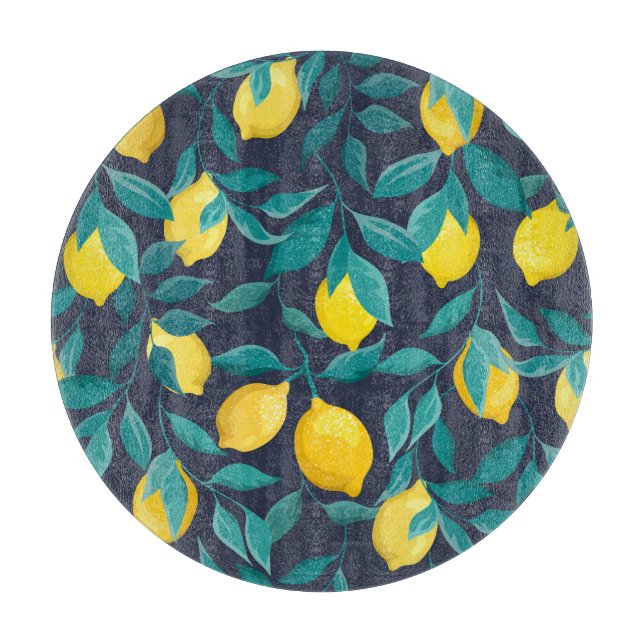 Lemon Branches: Blue Decorative Seamless Cutting Board (Front)