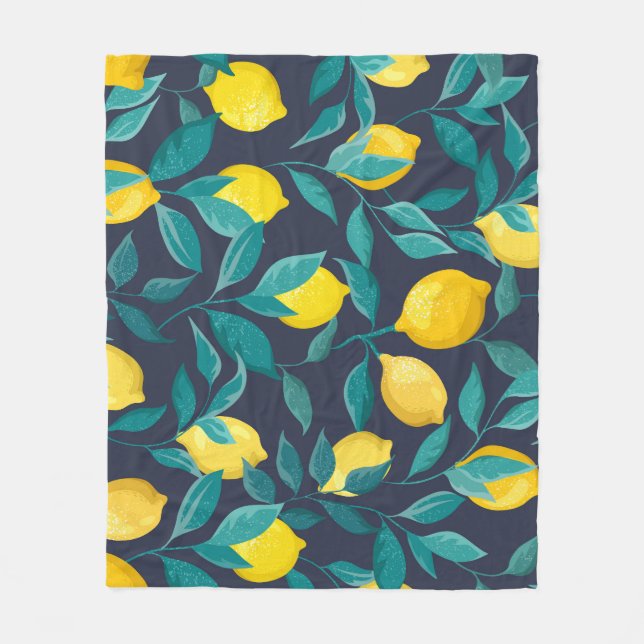 Lemon Branches: Blue Decorative Seamless Fleece Blanket (Front)
