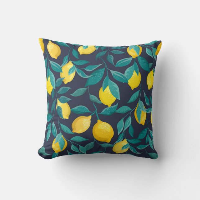 Lemon Branches: Blue Decorative Seamless Throw Pillow (Front)