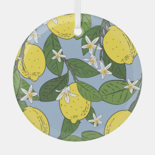 Lemon Branches: Blue Vintage Illustration Glass Ornament