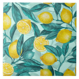 Lemon branches in blue and yellow ceramic tile