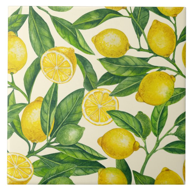 Lemon branches in green and yellow ceramic tile (Front)