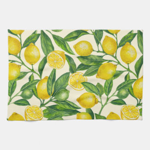 Lemon branches in green and yellow kitchen towel