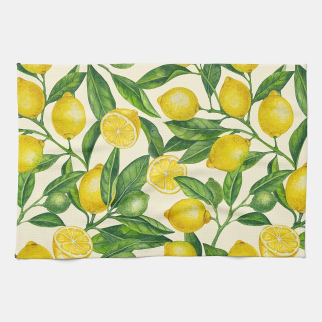 Lemon branches in green and yellow kitchen towel (Horizontal)
