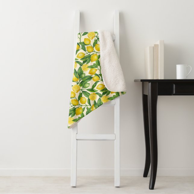 Lemon branches in green and yellow sherpa blanket (In Situ)