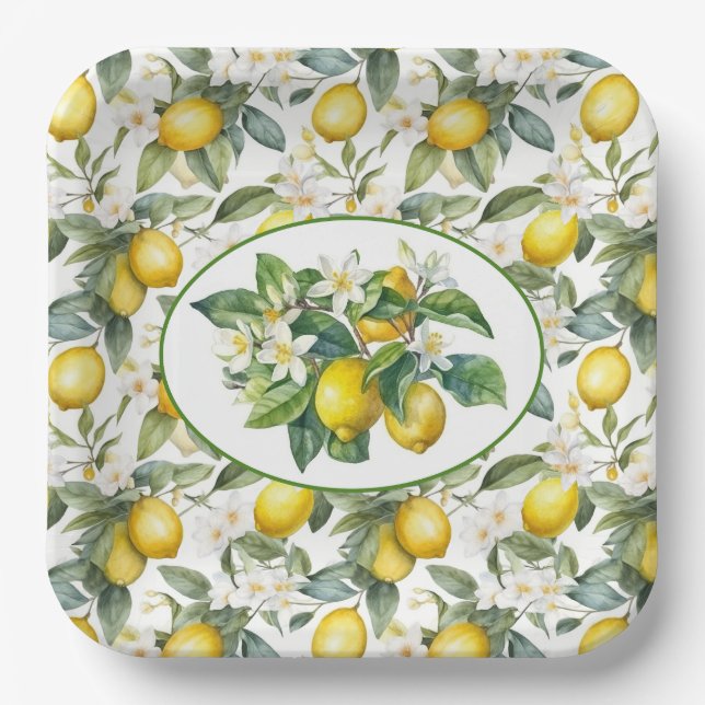 Lemon Branches Watercolor Paper Plates (Front)