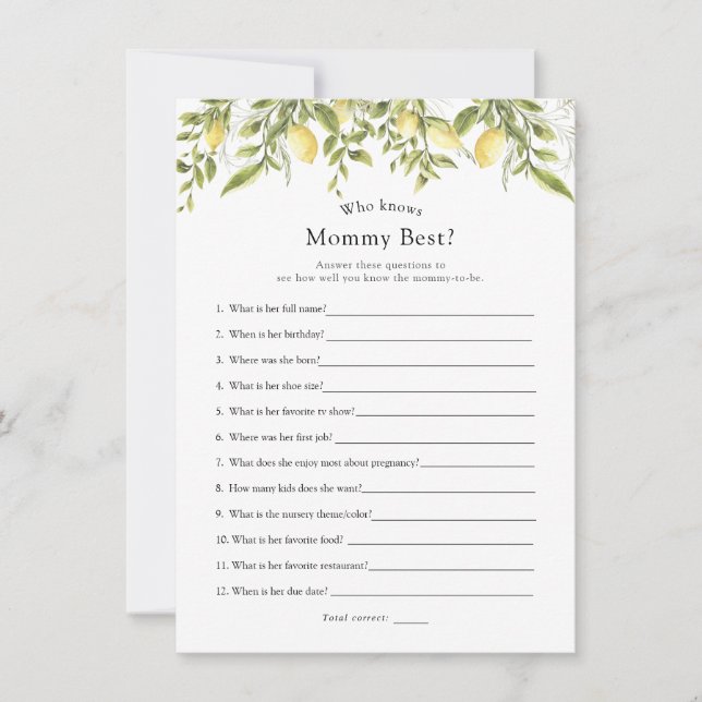 Lemon Branches Who Knows Mom Best Shower Game Card (Front)