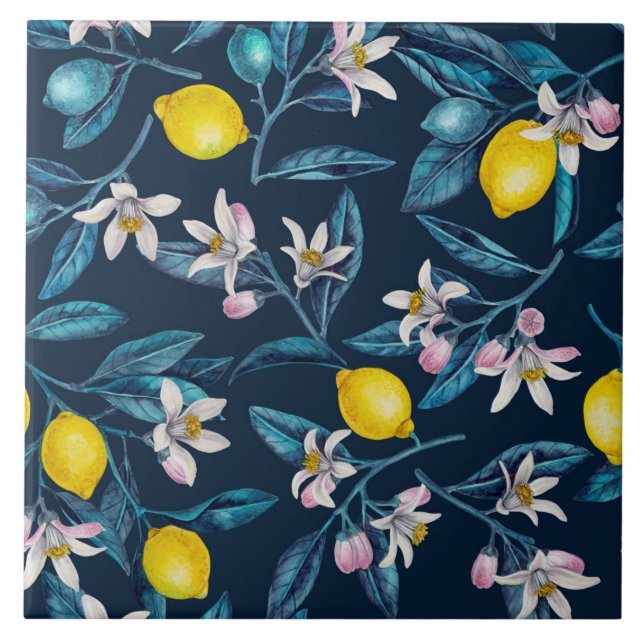 Lemon branches with blossoms and fruit on blue ceramic tile (Front)