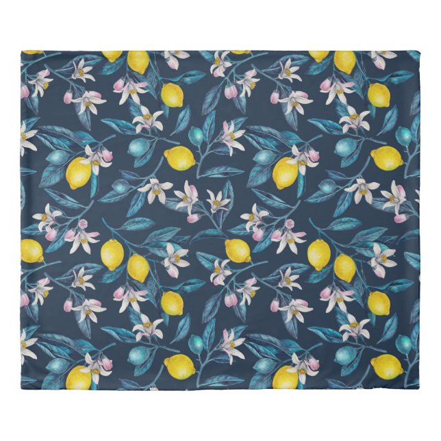 Lemon branches with blossoms and fruit on blue duvet cover (Front)