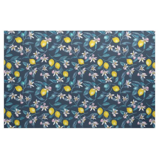 Lemon branches with blossoms and fruit on blue fabric