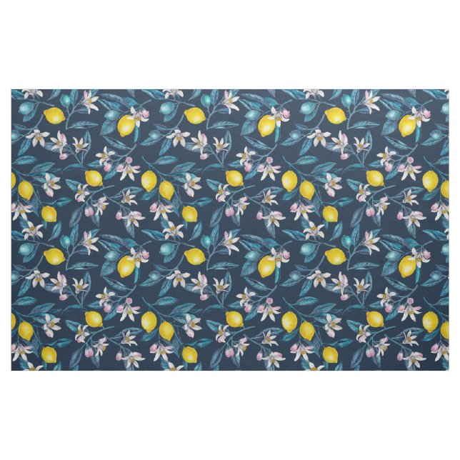Lemon branches with blossoms and fruit on blue fabric