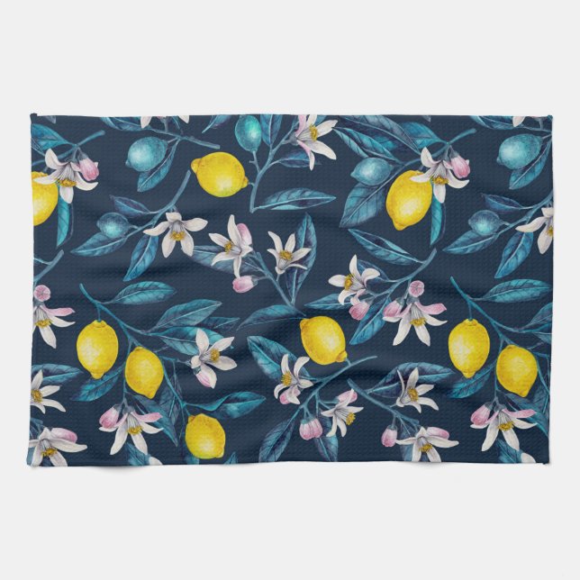 Lemon branches with blossoms and fruit on blue kitchen towel (Horizontal)