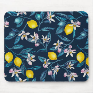 Lemon branches with blossoms and fruit on blue mouse pad