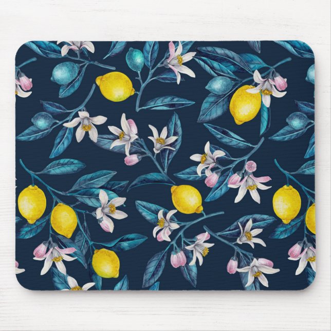 Lemon branches with blossoms and fruit on blue mouse pad (Front)