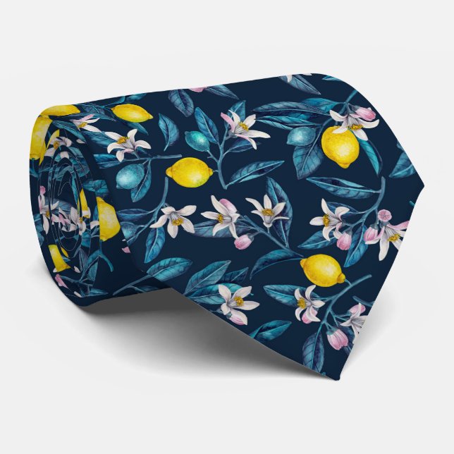 Lemon branches with blossoms and fruit on blue neck tie (Rolled)