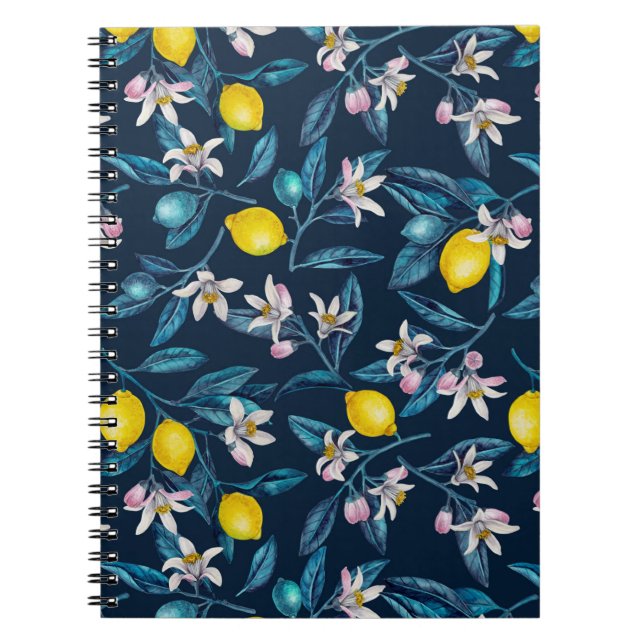 Lemon branches with blossoms and fruit on blue not notebook (Front)