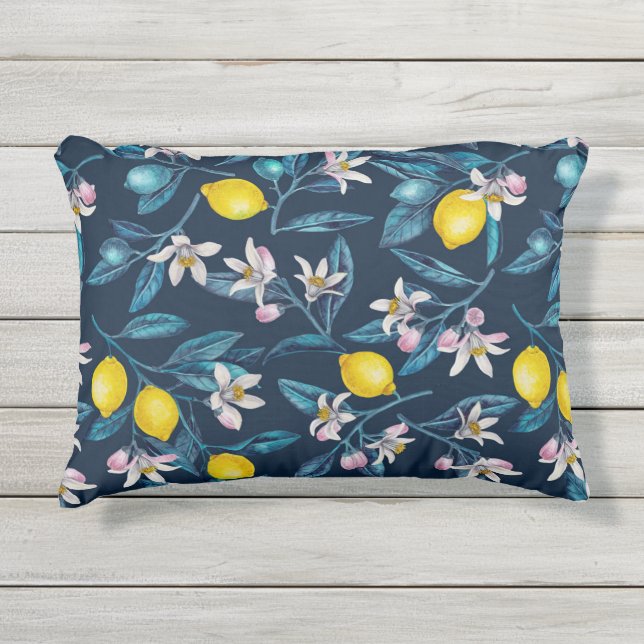 Lemon branches with blossoms and fruit on blue outdoor pillow (Front)