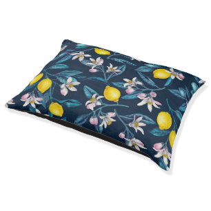 Lemon branches with blossoms and fruit on blue pet bed
