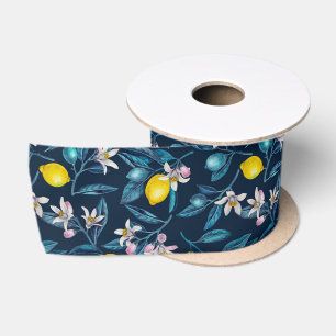 Lemon branches with blossoms and fruit on blue satin ribbon