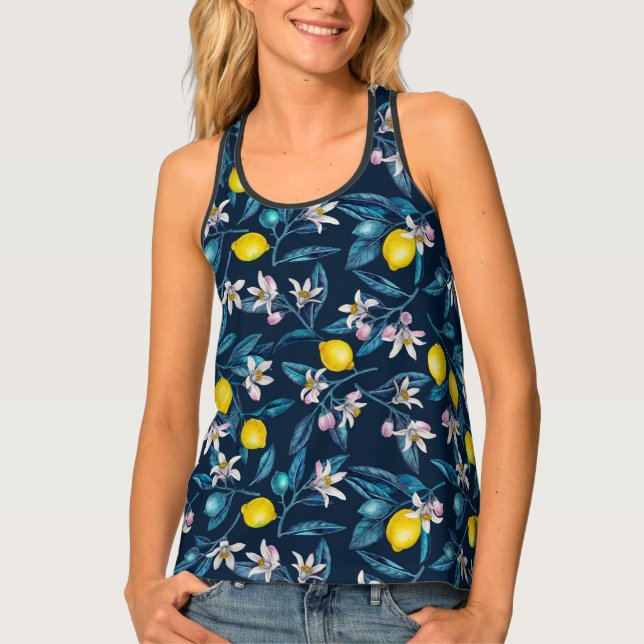 Lemon branches with blossoms and fruit on blue tank top (Front)