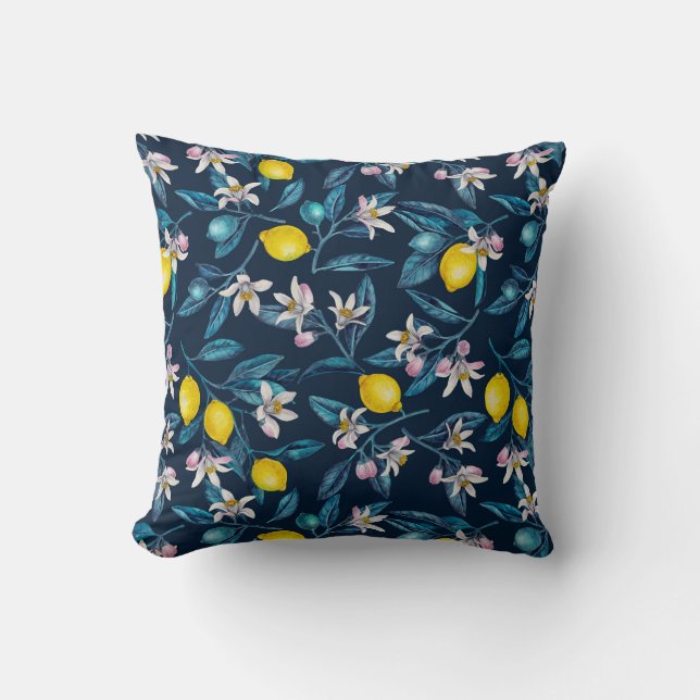 Lemon branches with blossoms and fruit on blue throw pillow (Front)
