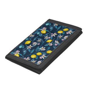 Lemon branches with blossoms and fruit on blue tri-fold wallet