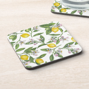 Lemon branches with blossoms and fruit on white beverage coaster