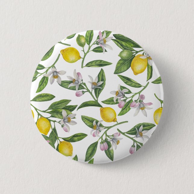 Lemon branches with blossoms and fruit on white button (Front)