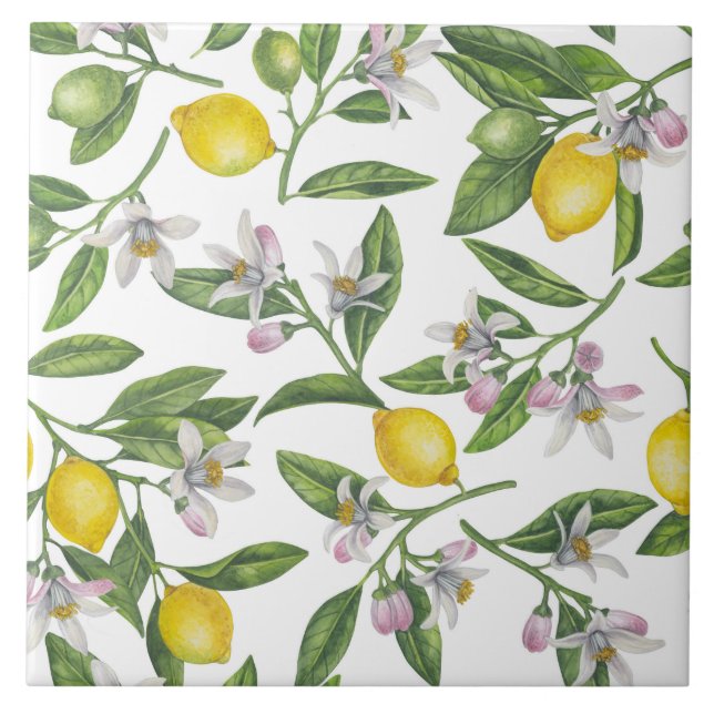 Lemon branches with blossoms and fruit on white ceramic tile (Front)