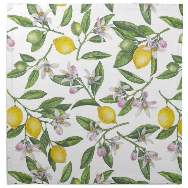 Lemon branches with blossoms and fruit on white cloth napkin (Front)