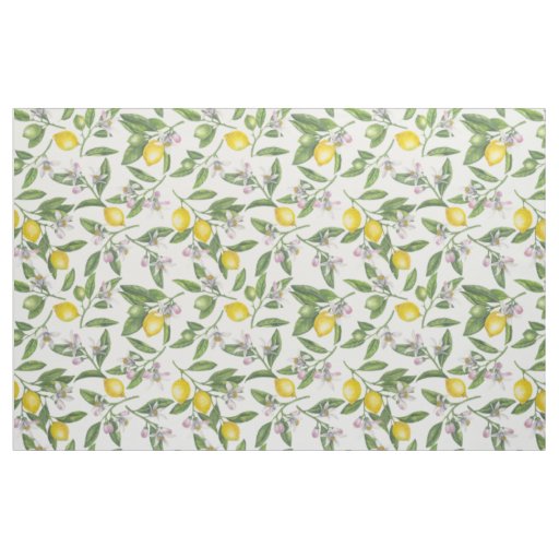 Lemon branches with blossoms and fruit on white fabric