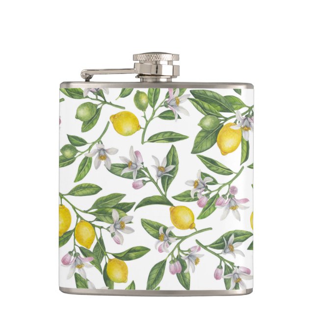 Lemon branches with blossoms and fruit on white flask (Front)