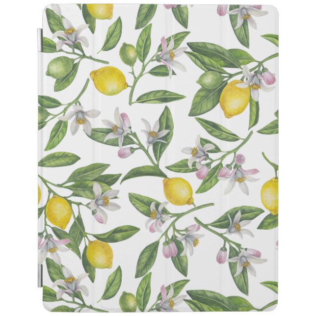 Lemon branches with blossoms and fruit on white iPad smart cover (Front)