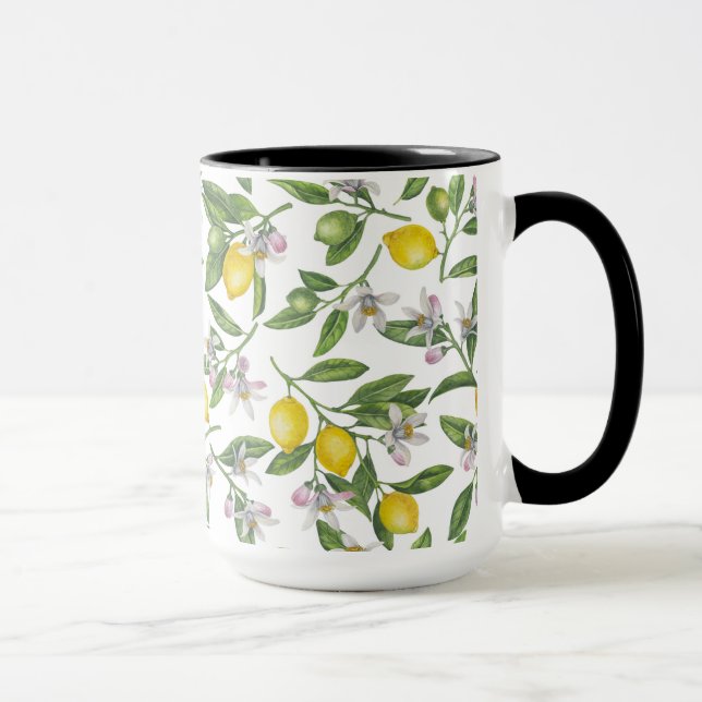 Lemon branches with blossoms and fruit on white mug (Right)