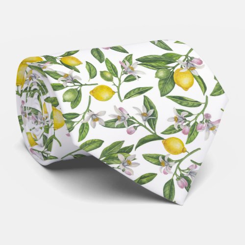 Lemon branches with blossoms and fruit on white neck tie