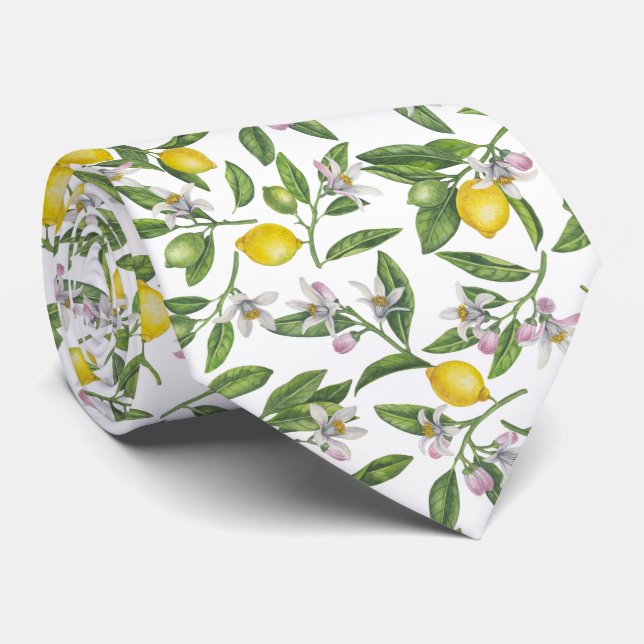 Lemon branches with blossoms and fruit on white neck tie (Rolled)