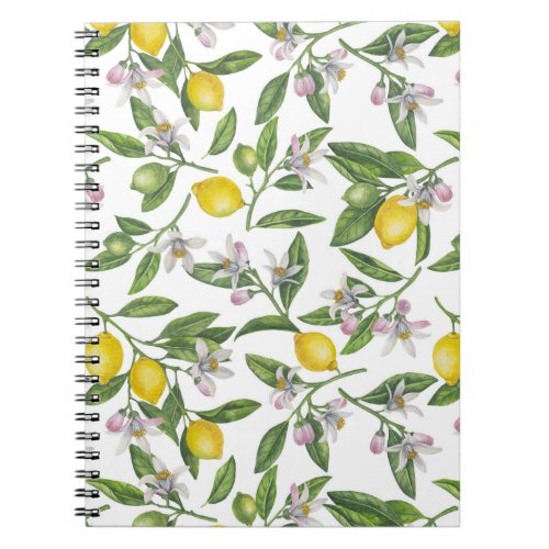 Lemon branches with blossoms and fruit on white no notebook