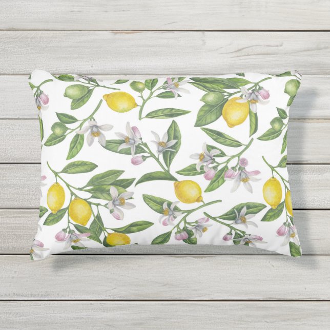 Lemon branches with blossoms and fruit on white outdoor pillow (Front)