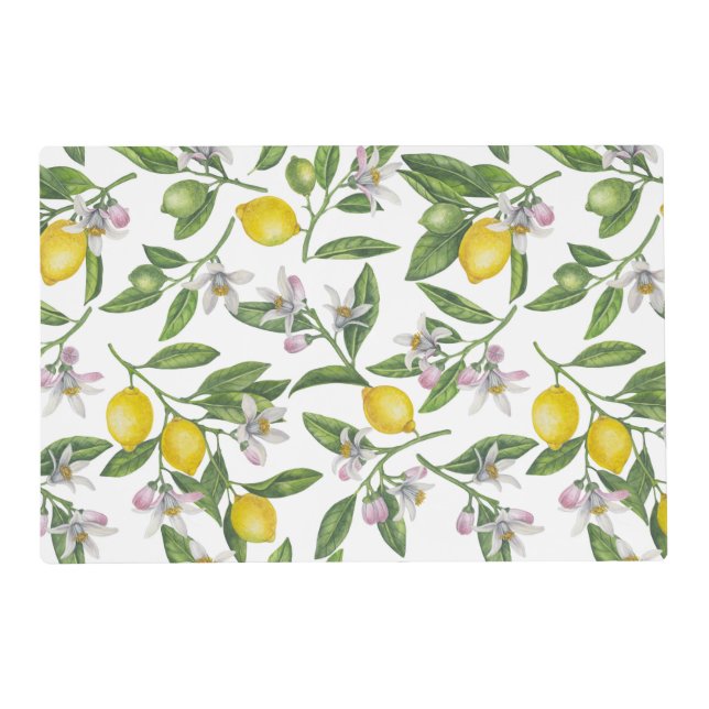 Lemon branches with blossoms and fruit on white placemat (Front)