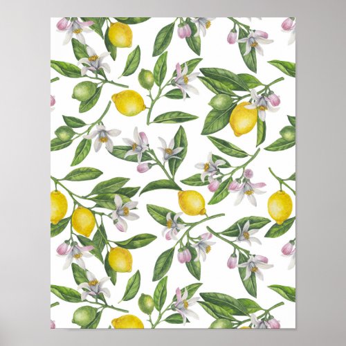Lemon branches with blossoms and fruit on white poster