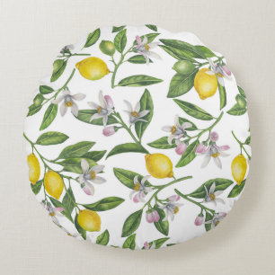 Lemon branches with blossoms and fruit on white round pillow
