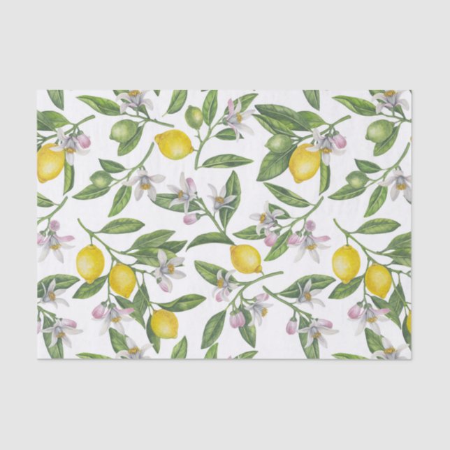 Lemon branches with blossoms and fruit on white tissue paper (Front)