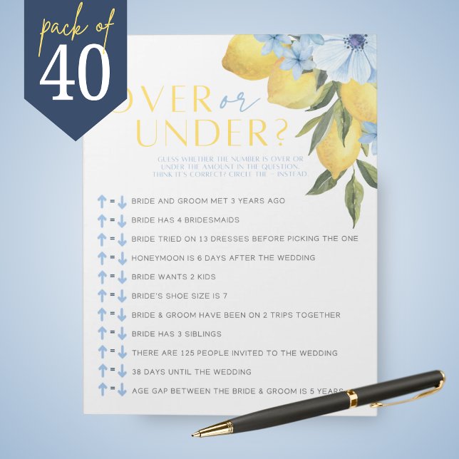 Lemon Bridal Over or Under Shower Game Pack Notepad (Main Squeeze Lemon and Blue Flower Over or Under Bridal Shower Game Pack of 40 Games)