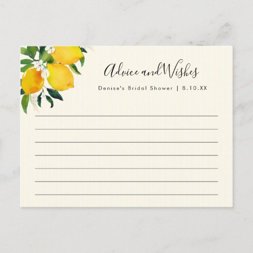 Lemon Bridal Shower Advice and Wishes Card