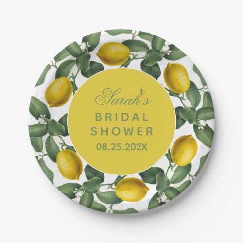 Lemon Bridal Shower Botanical Fruit Elegant Script Paper Plates