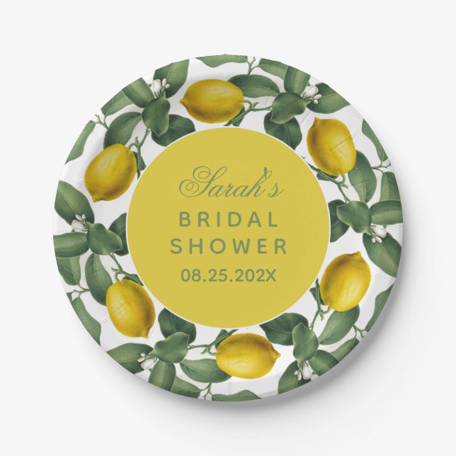 Lemon Bridal Shower Botanical Fruit Elegant Script Paper Plates (Front)